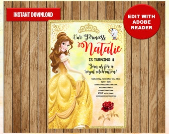 Prinzessin Belle Party Einladung, Die Schöne und das Biest druckbare Einladung Anpassbare Vorlage Bearbeitbare PDF-Datei, Sie füllen und drucken