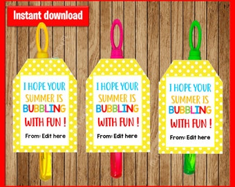 Hope Your Summer Bubbles with Fun, Editable End of School Year Tags, Classmate Gifts, Instant Download
