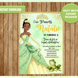 Princess Tiana Party Invitation, The Princess and the Frog printable Invitation Customizable Template Editable PDF File, You Fill and Print