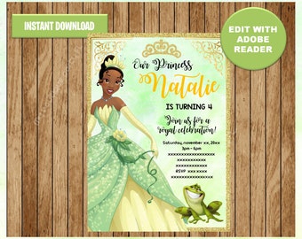Prinzessin Tiana Party Einladung, die Prinzessin und der Frosch druckbare Einladung anpassbare Vorlage bearbeitbare PDF-Datei, Sie füllen und drucken