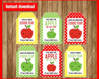 Apple Terug naar school cadeau tags, Apple cadeau tags, Leraar cadeau tags, bewerkbare gunst tags, Favor tags, School tag, AFDRUKBARE Instant Download