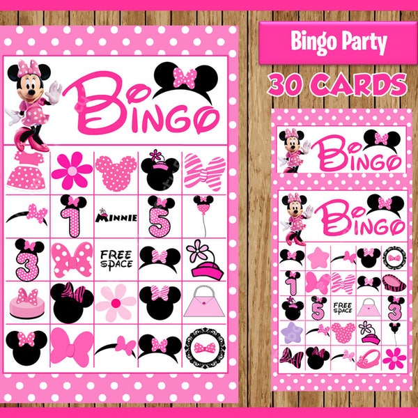 Minnie Mouse Bingo Game - Printable - 30 different Cards - Party Game Printable - Half Page Size - INSTANT DOWNLOAD