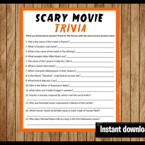 Scary Movie Trivia Party Game Printable, PDF Printable, Halloween Game, ANSWERS included, instant download