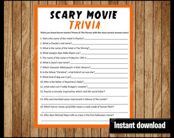 Gruselfilm Quiz Party Spiel zum Ausdrucken, PDF zum Ausdrucken, Halloween Spiel, ANTWORTEN enthalten, sofortiger Download