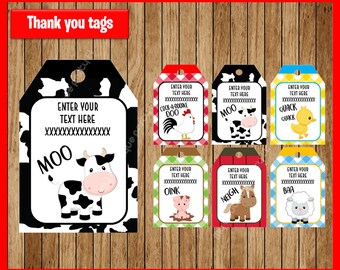 Puede incluir: Conjunto de seis etiquetas de agradecimiento imprimibles con animales de granja. Cada etiqueta tiene un animal diferente, incluyendo una vaca, un pollo, un cerdo, un caballo, una oveja y un pato. Las etiquetas están decoradas con un patrón a cuadros y el texto "Ingrese su texto aquí".