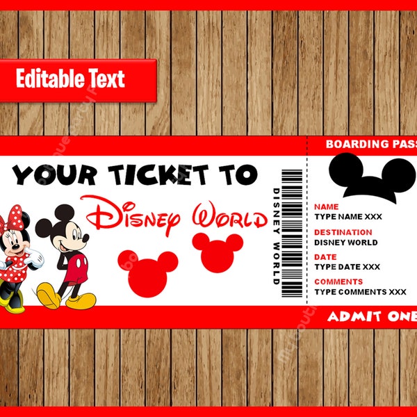 Printable Ticket to DisneyWorld, Surprise Trip, Birthday Gift, Walt DisneyWorld, Disneyworld, EDITABLE text, INSTANT DOWNLOAD