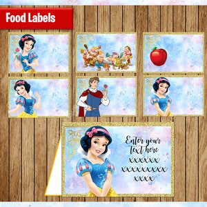 Prinzessin Snow White Food-Etiketten, druckbare Princess Food-Zeltkarten, Schneewittchen-Party-Food-Etiketten, personalisiert, bearbeitbar, Typ