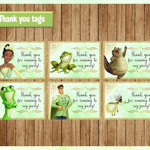 Etiquetas de agradecimiento de la princesa Tiana, etiquetas de princesa imprimibles, etiquetas de fiesta de la princesa y el sapo Descarga instantánea