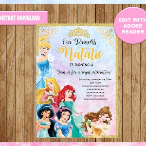 Princess Party Invitation, Princess Birthday Invitation, Customizable Template Editable PDF File, You Fill and Print
