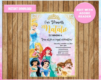 Prinzessin Party Einladung, Prinzessin Geburtstagseinladung, anpassbare Vorlage bearbeitbare PDF-Datei, Sie füllen und drucken