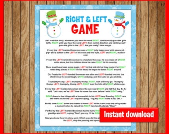 May include: A printable Right & Left Game featuring two snowmen, text, and snowflakes. The game instructions are included, with the words "Right" and "Left" highlighted. The words "Instant download" are in a red rectangle.