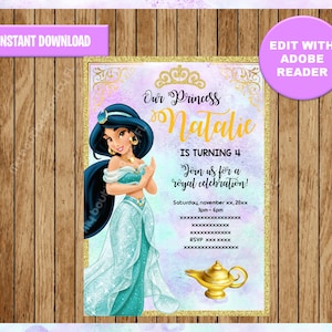 Princess Jasmine Party Invitation, Aladdin printable Invitation Customizable Template Editable PDF File, You Fill and Print