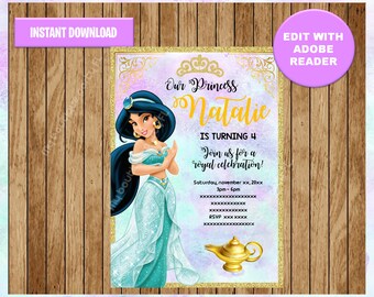 Prinzessin Jasmin Party Einladung, Aladdin druckbare Einladung anpassbare Vorlage bearbeitbare PDF-Datei, Sie füllen und drucken