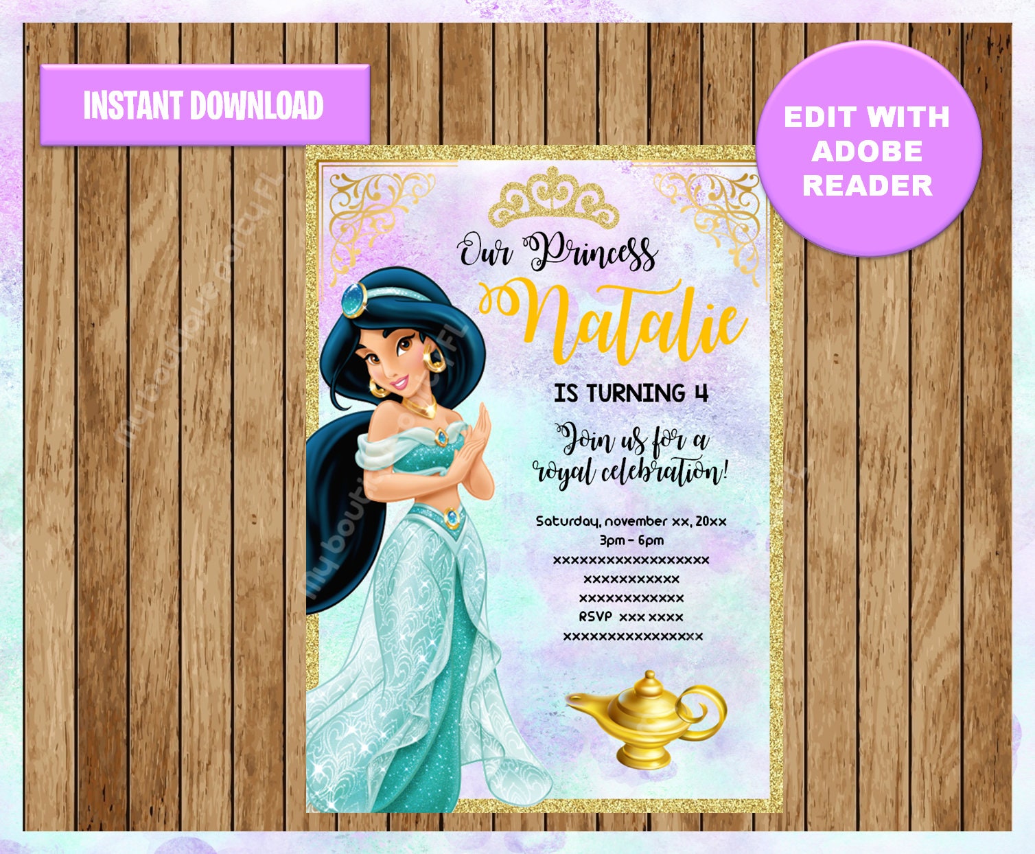 Princess Jasmine Party Invitation Aladdin printable | Etsy