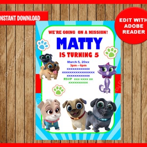 Puppy Dog Pals Einladung, Puppy Dog Pals Geburtstagseinladung, anpassbare Vorlage bearbeitbare PDF-Datei, Sie füllen und drucken