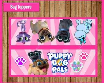May include: A set of printable bag toppers featuring characters from the animated series Puppy Dog Pals. The toppers are pink with a white stripe pattern and feature the characters in various poses. The text "Puppy Dog Pals" is featured on the toppers.