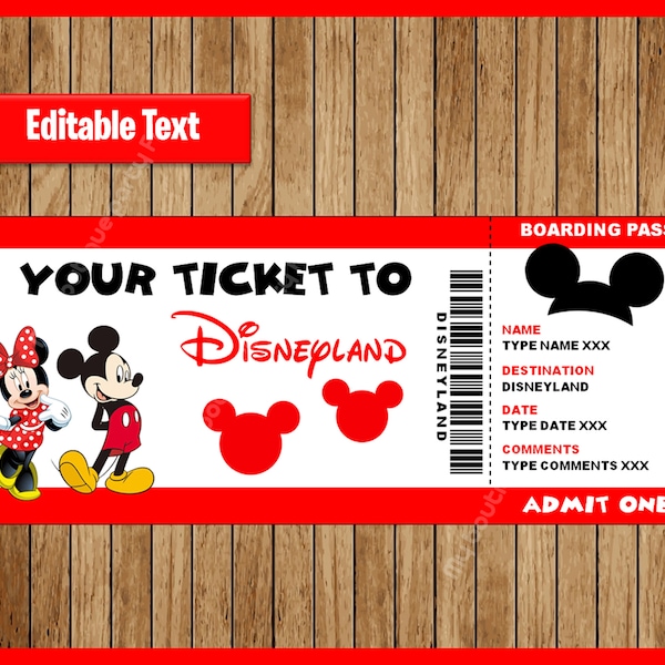 Printable Ticket to Disneyland, Surprise Trip, Birthday Gift, Disneyland, EDITABLE text, Mickey and Minnie Mouse INSTANT DOWNLOAD