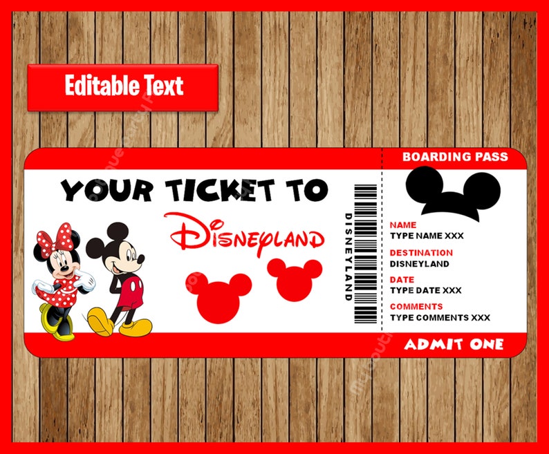 Printable Ticket to Disneyland, Surprise Trip, Birthday Gift, Disneyland, EDITABLE text, Mickey and Minnie Mouse INSTANT DOWNLOAD image 1