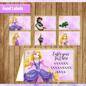 Etichette alimentari Princess Rapunzel, carte per tende Princess Food stampabili, etichette alimentari per feste aggrovigliate, personalizzate, modificabili