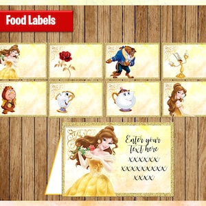 Princess Belle Food labels, Printable Princess Food tent cards, Beauty and the Beast party Food labels, personalized, Editable, Type