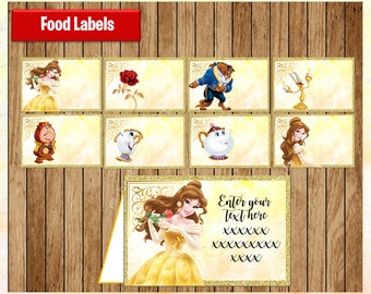 Princess Belle Food labels, Printable Princess Food tent cards, Beauty and the Beast party Food labels, personalized, Editable, Type