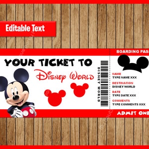 Printable Ticket to DisneyWorld, Surprise Trip, Birthday Gift, Walt DisneyWorld, Disneyworld, EDITABLE text, Mickey Mouse INSTANT DOWNLOAD