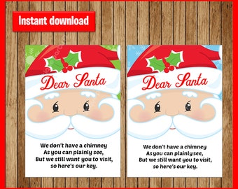 May include: Two "Dear Santa" cards with Santa Claus's face, a red hat, and a message about not having a chimney. The cards have a red border and are on a wood-grain background. The text "Instant download" is at the top.