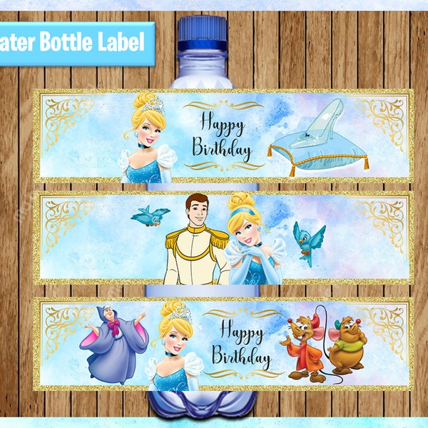 Cinderella Water Bottle Labels, Printable Princess water labels, Princess Cinderella party water labels Instant download