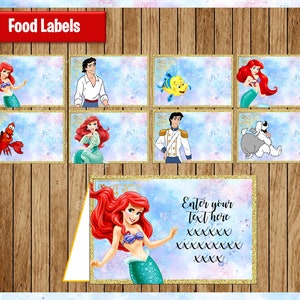 Étiquettes de princesse Ariel Food, cartes de tente imprimables Princess Food, étiquettes de nourriture de fête Litte Mermaid, personnalisées, modifiables, Type