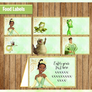 Étiquettes de princesse Tiana Food, cartes de tente imprimables Princess Food, étiquettes de nourriture de la fête de la princesse et de la grenouille, personnalisées, modifiables