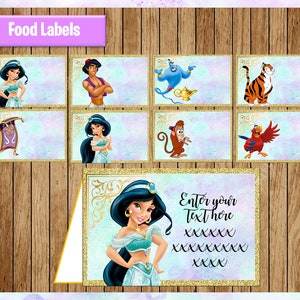 Etiquetas de comida de princesa Jasmine, tarjetas de tienda de comida de princesa imprimibles, etiquetas de comida de fiesta de Aladdin, personalizadas, editables