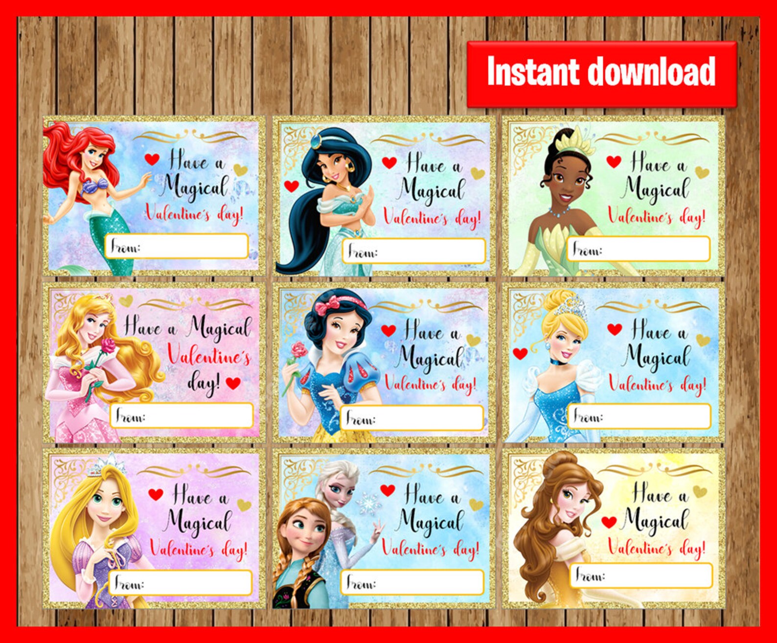 Disney Princess Valentine s Day Cards Instant Download Etsy
