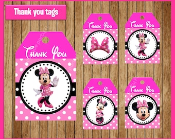 Pink Minnie mouse thank you tags instant download, Printable Minnie mouse party tags, Minnie thank you tags
