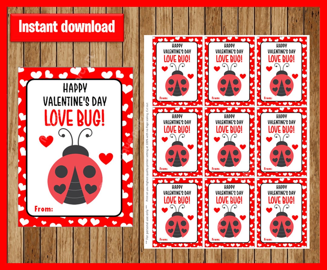Printable Valentine LOVE BUG Ladybug Kids Valentine Card Instant Download Etsy