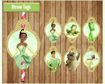 Princess Tiana Straw Toppers, Printable Princess Straw Tags, The Princess and the Frog party Straw tags Instant download