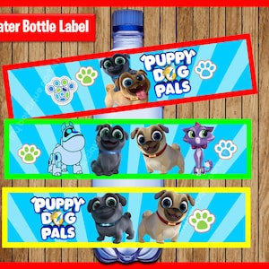 May include: Water bottle labels featuring characters from the cartoon "Puppy Dog Pals". The labels are blue with yellow and green accents. The labels feature the text "Puppy Dog Pals" and images of the characters, including a pug, a robot dog, and a cat.