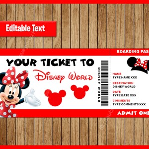 Printable Ticket to DisneyWorld, Surprise Trip, Birthday Gift, Walt DisneyWorld, Disneyworld, EDITABLE text, Minnie Mouse INSTANT DOWNLOAD