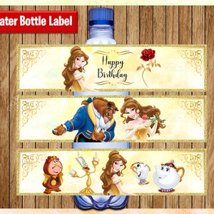 Princess Belle Water Bottle Labels, Printable Princess water labels, Beauty and the Beast party water labels Instant download