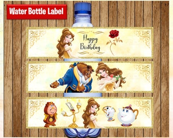Princess Belle Water Bottle Labels, Printable Disney Princess water labels, Beauty and the Beast party water labels Instant download