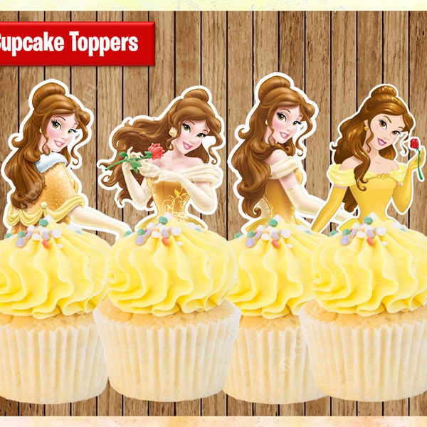 Prinses Belle Cupcake Toppers, Beauty & The Beast Cupcake Toppers, afdrukbare feestartikelen, afdrukbare Instant Download