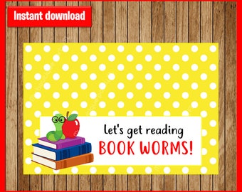 Back to School Treat Bag Tags, Book Worm! Printable PDF, INSTANT Download
