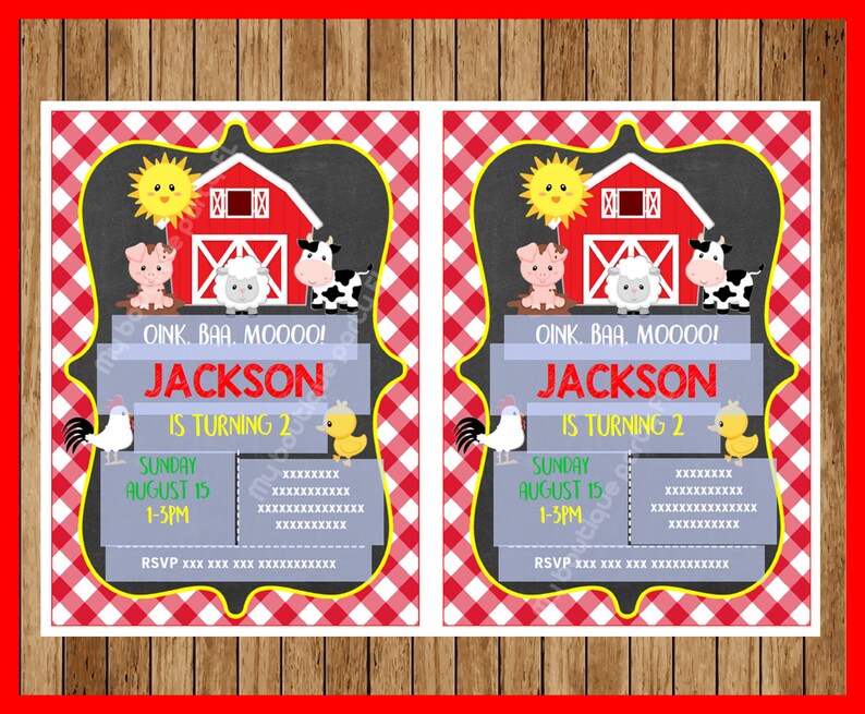 K&ouml;nnte beinhalten: Ein rot-wei&szlig; karierter Hintergrund mit einer Einladung im Kreidetafel-Stil f&uuml;r eine Geburtstagsparty zum Thema Bauernhof. Die Einladung lautet "Oink. BAA. MOO000! Jackson wird 2. Sonntag, 15. August, 13-15 Uhr. RSVP xxx xxx xxx xxxxxxxxx"