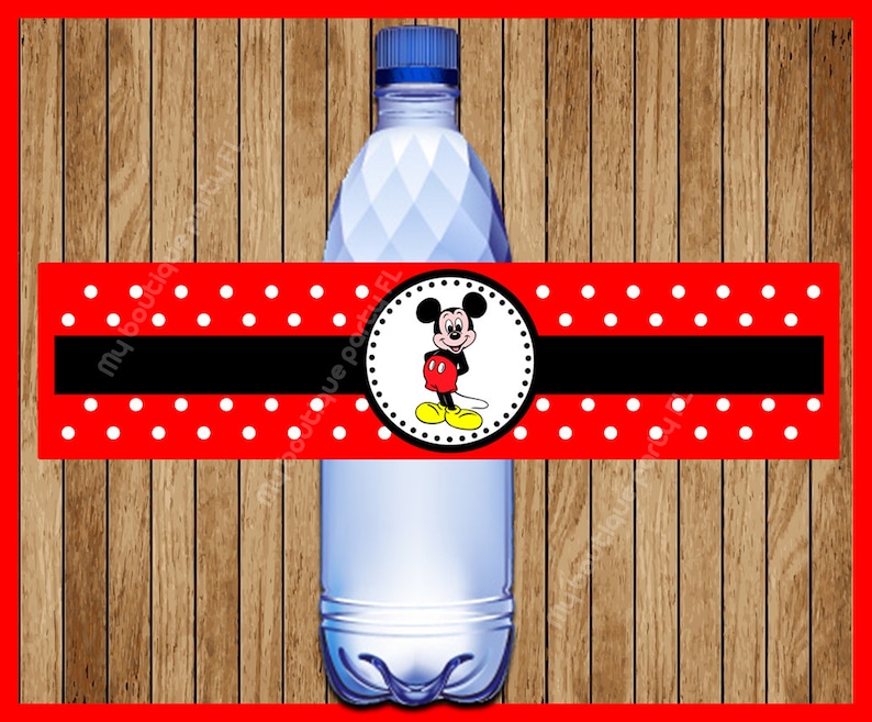May include: Red and white polka dot water bottle label with a black stripe and a circle featuring Mickey Mouse in the center.