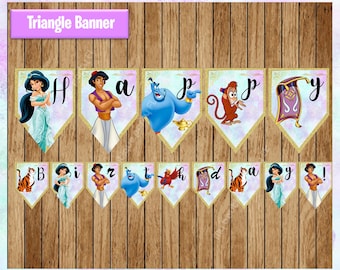 May include: Triangle banner with a purple, blue, and gold background. The banner features characters from the movie Aladdin, including Jasmine, Aladdin, Genie, Abu, and Rajah. The banner spells out "Happy Birthday!"