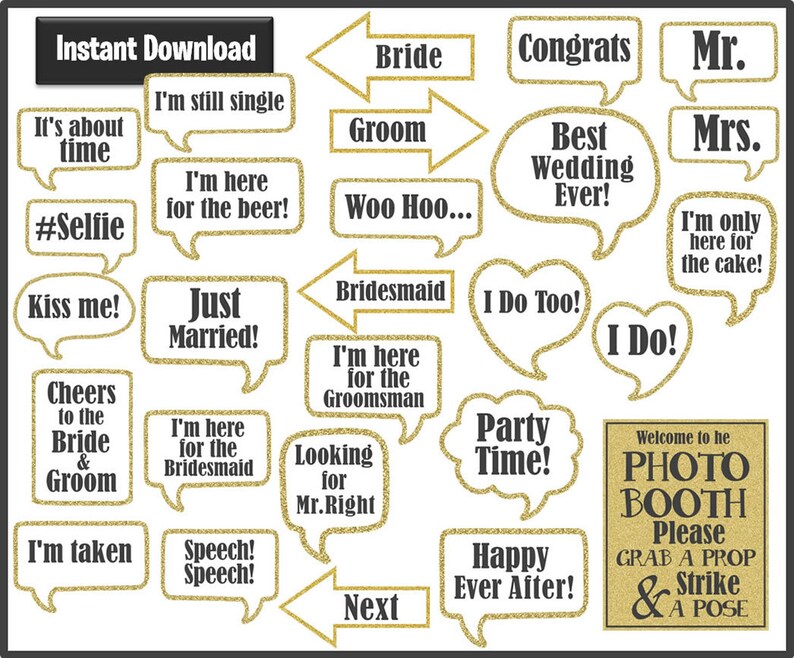 Wedding Photo Booth Prop Signs and Decorations Instant Download Gold Glitter Wedding Printables Printable Wedding Photobooth Props