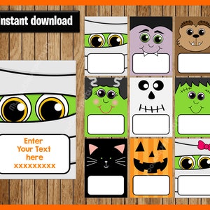 May include: Printable Halloween party favor tags featuring cute monster faces, including a mummy, vampire, werewolf, Frankenstein, ghost, zombie, black cat, and pumpkin. Each tag has a blank space for writing a name or message. The text "Enter Your Text Here" is included on one of the tags.