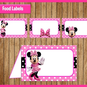 Tarjetas de tienda de comida de Minnie Mouse rosa, descarga instantánea, etiquetas de comida de fiesta de Minnie Mouse imprimibles, etiquetas de mesa de comida de Minnie
