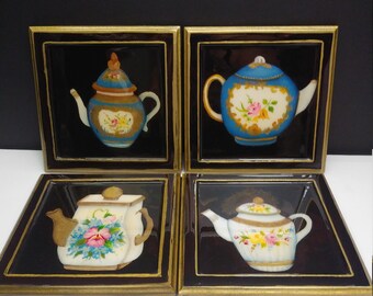 Vintage Trays Lacquered 1940's Teapots 4 pcs Set Hand Painted Gold Black Tile Tiles Sweet Tea Books