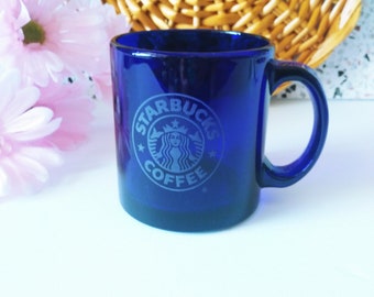 Starbucks Cobalt Blue Glass Mug Vintage Mermaid Logo Low Wide Coffee Cup Mug Clear See Thru Sweet Tea Wisdom