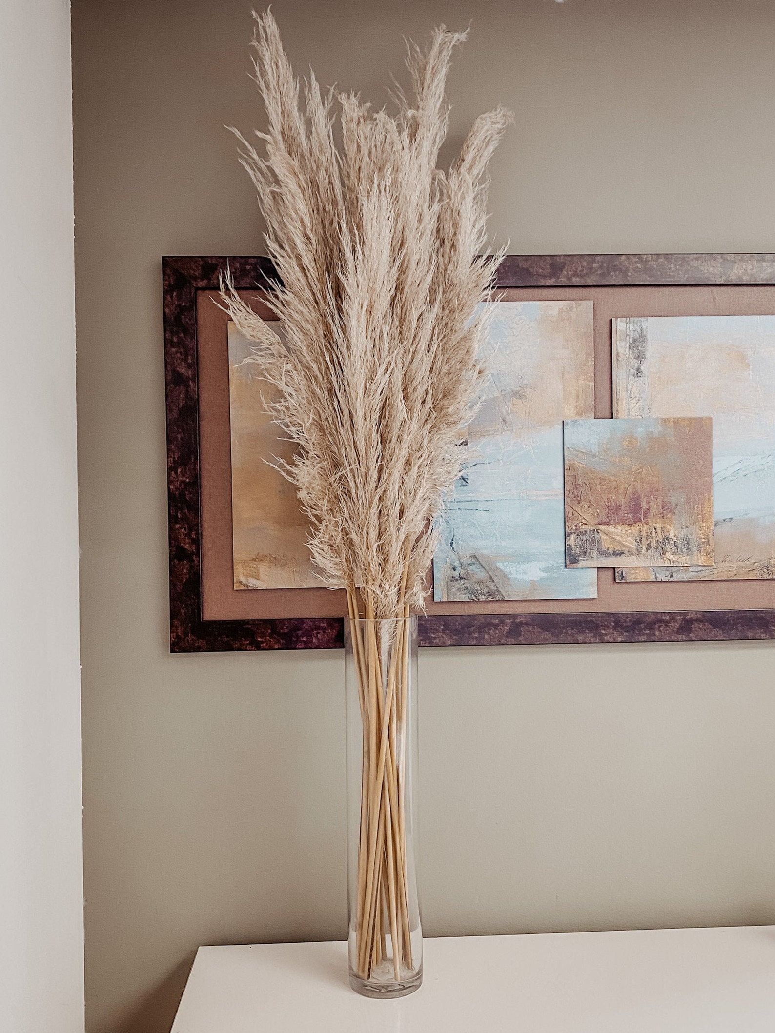 5 Stems Tan Pampas Grass, Natural Shade Tall Wispy Texture, 3.5 FEET
